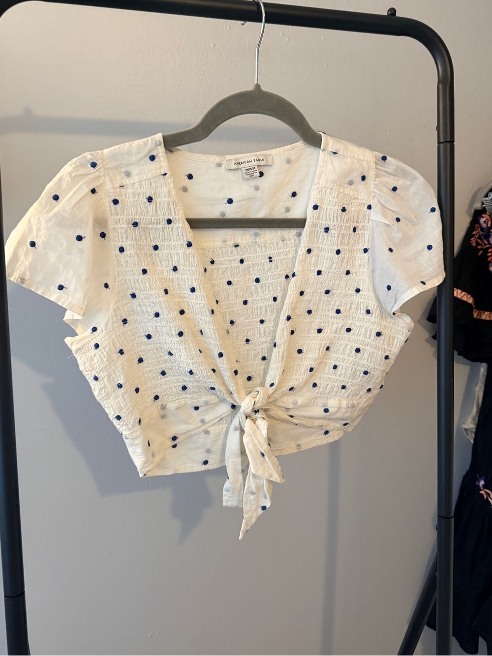 American Eagle Outfitters White Tie-Front Crop Top with Blue Polka Dots